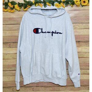 Vintage Champion Men's Gray Reverse Weave Hoodie Sweatshirt Size XL Drawstring